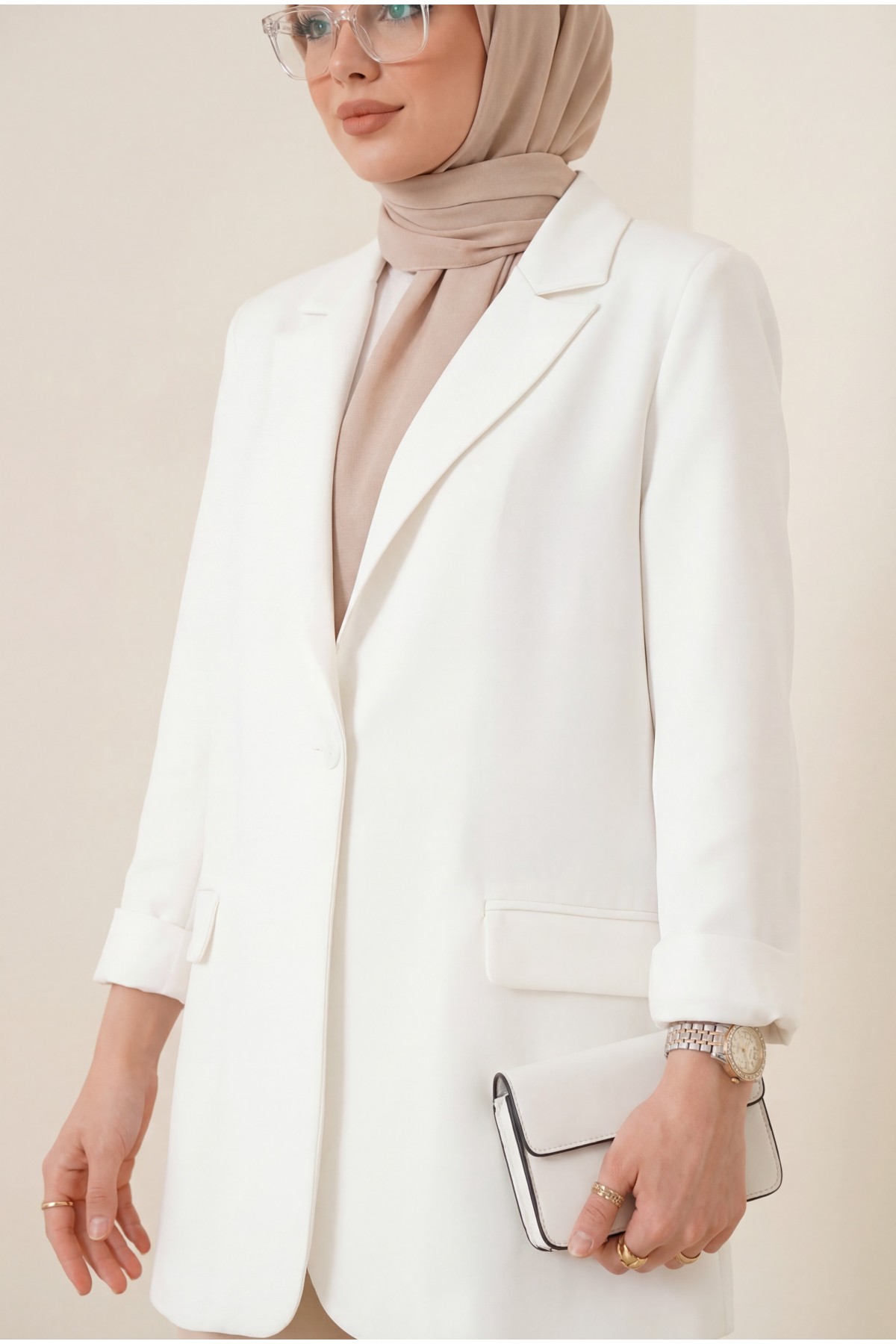 Single Button Lycra Jacket with Pockets -White