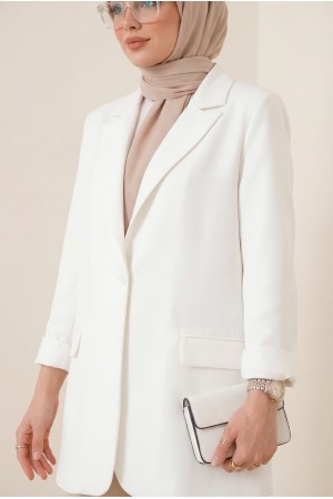 Cepli Tek Düğmeli Likralı Ceket  -Beyaz