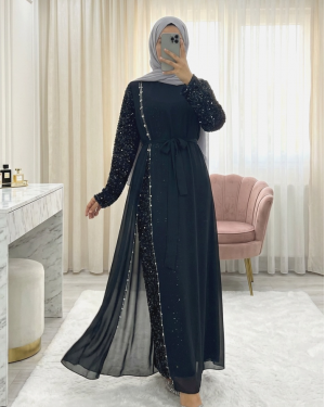 Kolları Pul Payet Kemerli Şifon Abiye  -Siyah