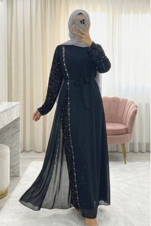 فستان سهرة شيفون بأكمام مزينة بالترتر وحزام -أسود