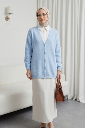 Buttoned Front Bearded Casual Knit Cardigan    -Blue