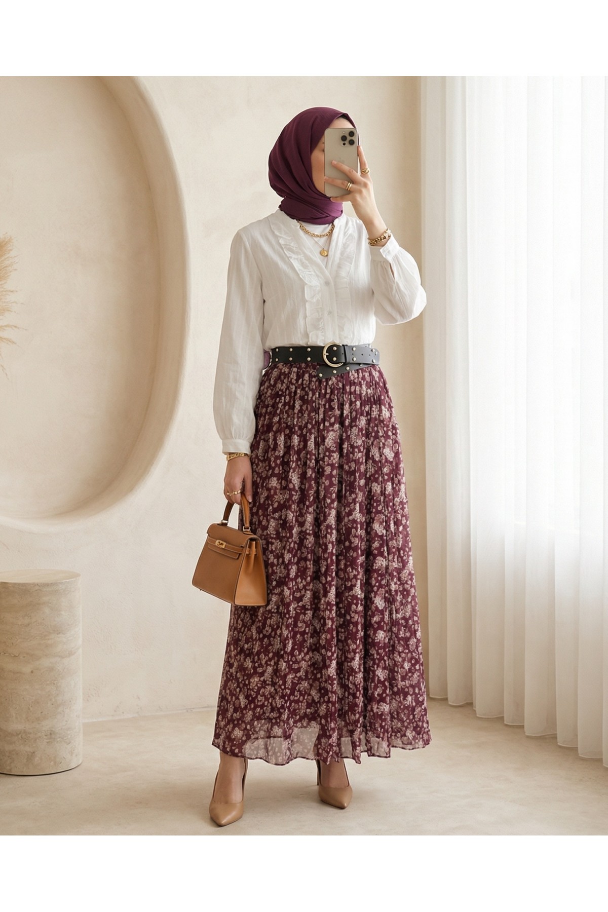 Floral Patterned Lined Chiffon Skirt with Thick Belt -Damson