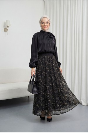 Sequined Skirt, Lined, Tie-Neck, Elasticated Sleeves, Shimmering Suit -Black