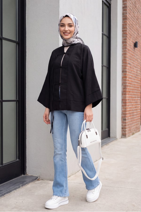 Chinese Knot Closure Mandarin Collar Parachute Kimono -Black