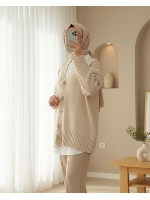 Düğmeli Oversize Triko Hırka -Bej