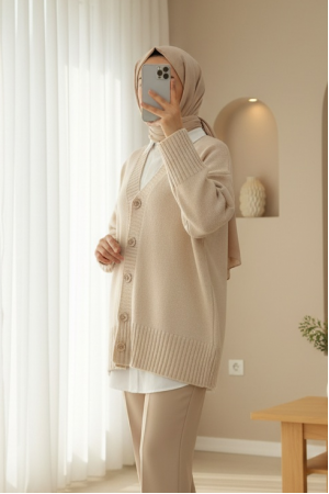 Düğmeli Oversize Triko Hırka -Bej