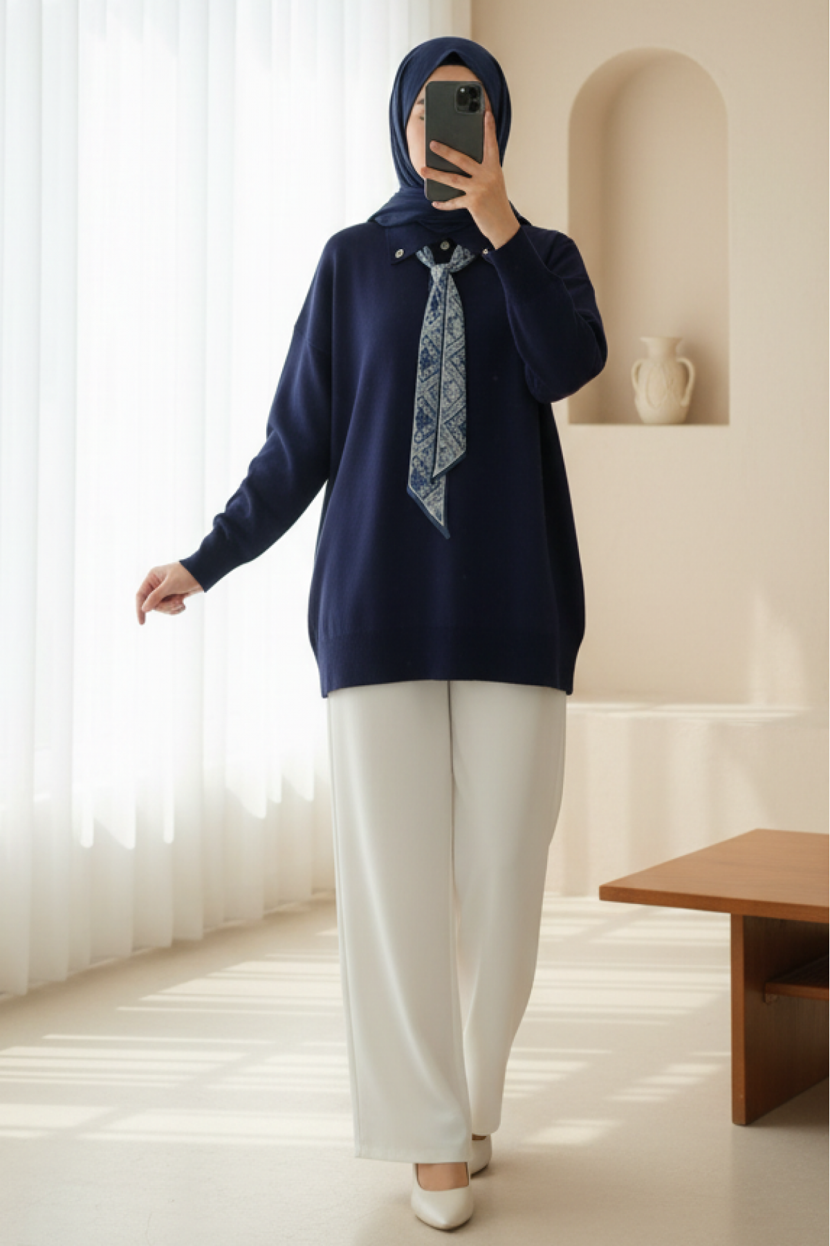 Polo Neck Scarf and Slit Loose Knit Tunic -Navy blue