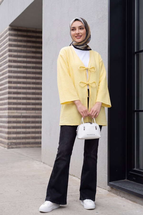 Honeycomb Pattern Kimono with Double Lace Front -Light yellow