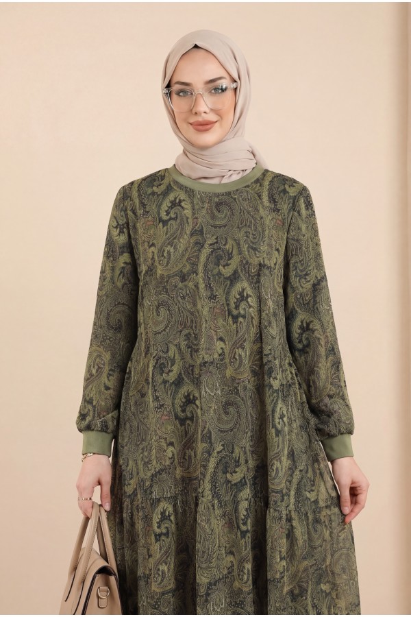 Ethnic Pattern Skirt Piece Lined Chiffon Dress    -Khaki