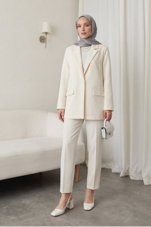 Cepli Tek Düğmeli Likralı Ceket  -Krem