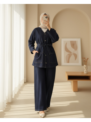 Önü Düğmeli Çİft Cepli Kuşaklı Kot Takım  -K.Laci