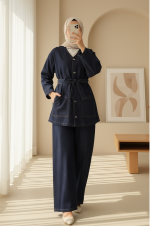 Önü Düğmeli Çİft Cepli Kuşaklı Kot Takım  -K.Laci