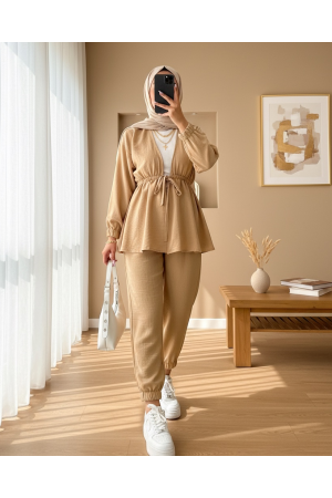 Tie Waist Elastic Double Linen Set -Mink color