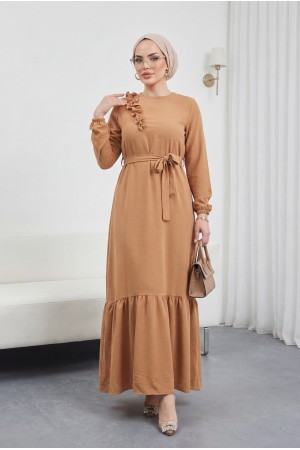 Fırfır Taş Detaylı Parça Eteklii Kemerli Ayrobin Elbise -بني كاشف