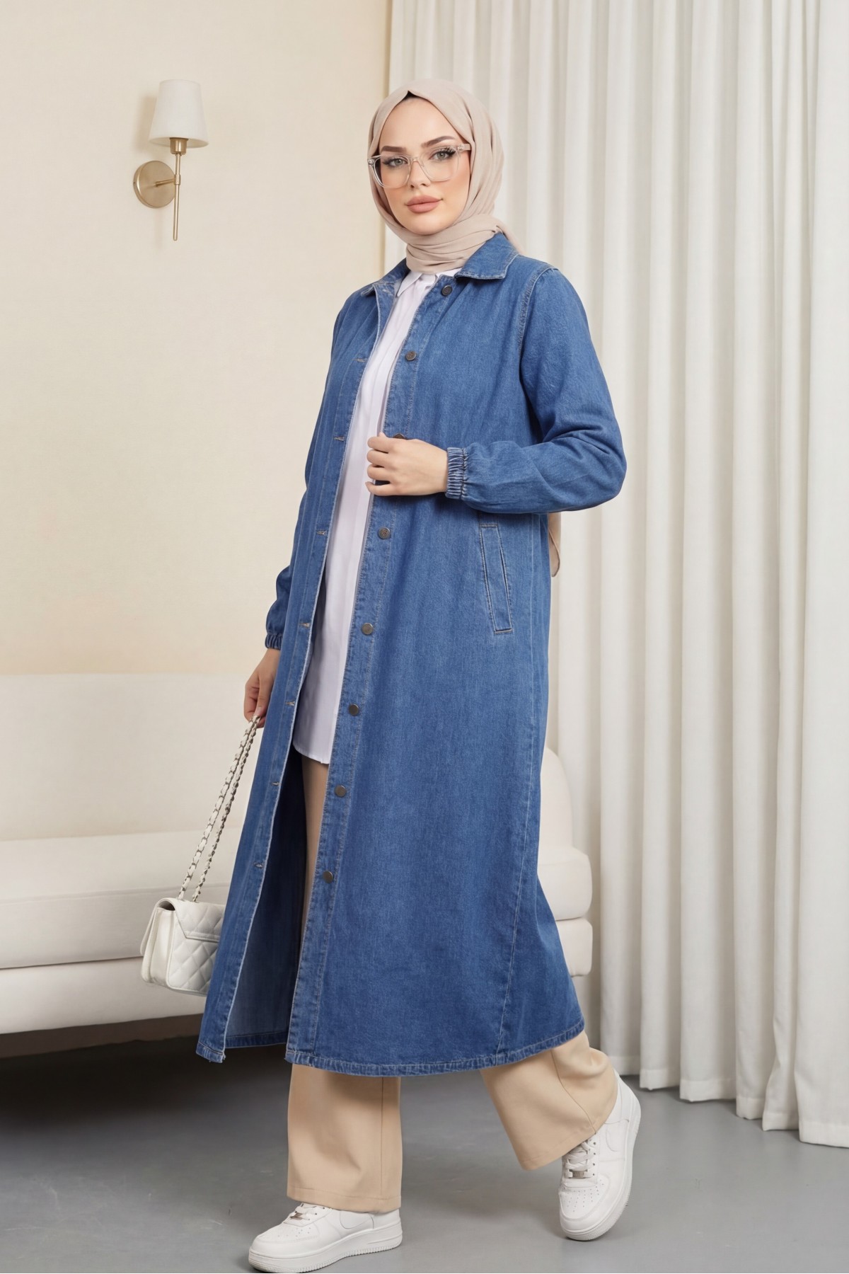 Denim Cap with Elastic Sleeves and Buttons    -Saxe 