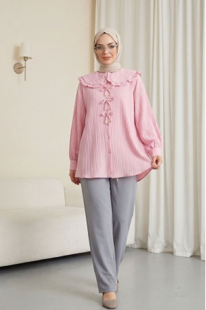 Önü Kurdele Detaylı Düğmeli Önlük Yaka Gömlek -Pembe