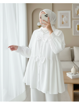 Önü Fiyonk Detaylı Parçalı Gömlek -Beyaz