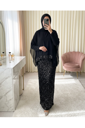 Yakası Ve Eteği Pulpayet Detaylı Pelerinli Elbise -Siyah