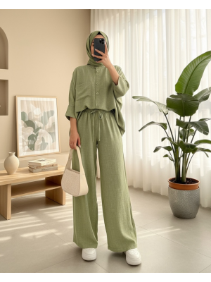 Çift Cepli Yarım Yarasa Kol Salaş Gömlek Takım  -Haki