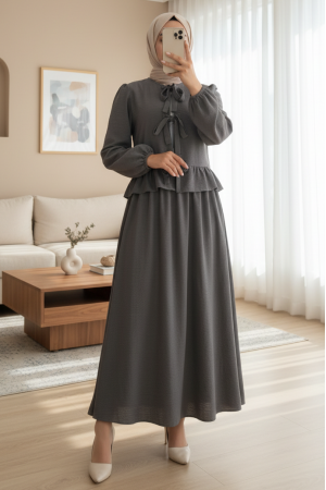 Önü Bağcıklı Kolu Lastikli Etekli Takım -Füme