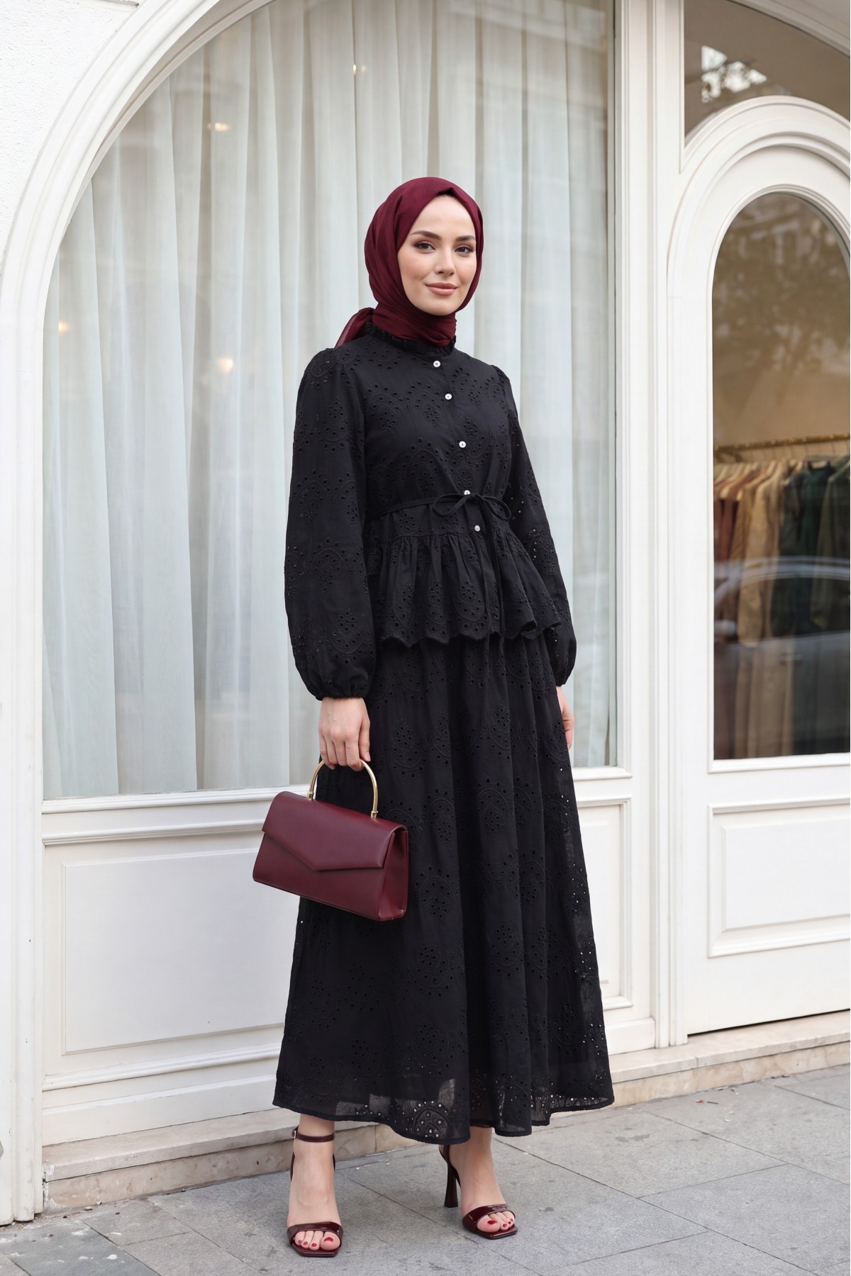 Linen Suit with Elasticated Sleeves, Belt, Lining, Pearl Buttons and Ruffles -Black