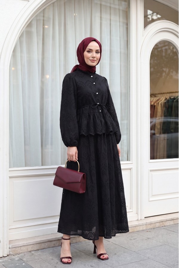 Linen Suit with Elasticated Sleeves, Belt, Lining, Pearl Buttons and Ruffles -Black