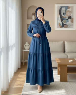 Half Buttoned Front Frilly Pieced Jeans Dress -İndigo