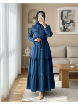 Yarım Düğmeli Önü Fırfırlı Parçalı Kot Elbise -İndigo