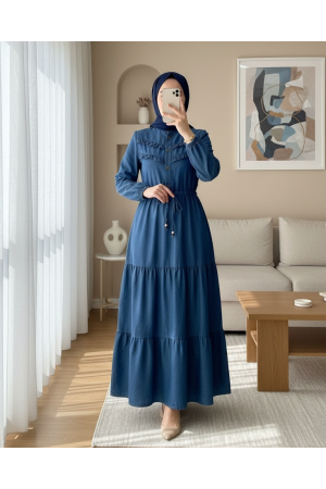 Half Buttoned Front Frilly Pieced Jeans Dress -İndigo