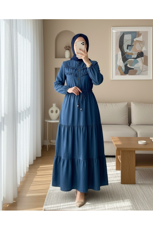 Yarım Düğmeli Önü Fırfırlı Parçalı Kot Elbise -İndigo
