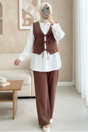 Önü Bağlamalı Yelek Pantolon Kadife Takım  -Kiremit