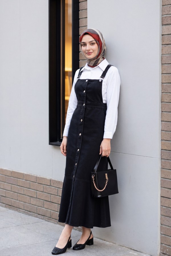 Front Buttoned Side Pocket Ruffle Skirt Denim Vest -Black