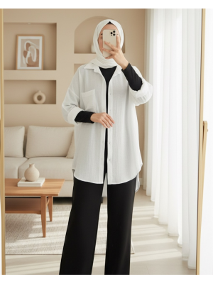 Kadın Tek Cepli Oversize Müslin Gömlek 20353 - Beyaz