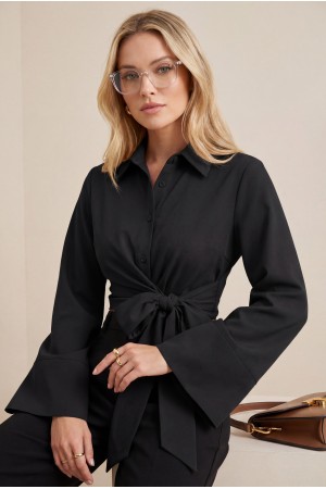 Beli Bağlamalı İspanyol Kol Poplin Gömlek Bluz -Siyah