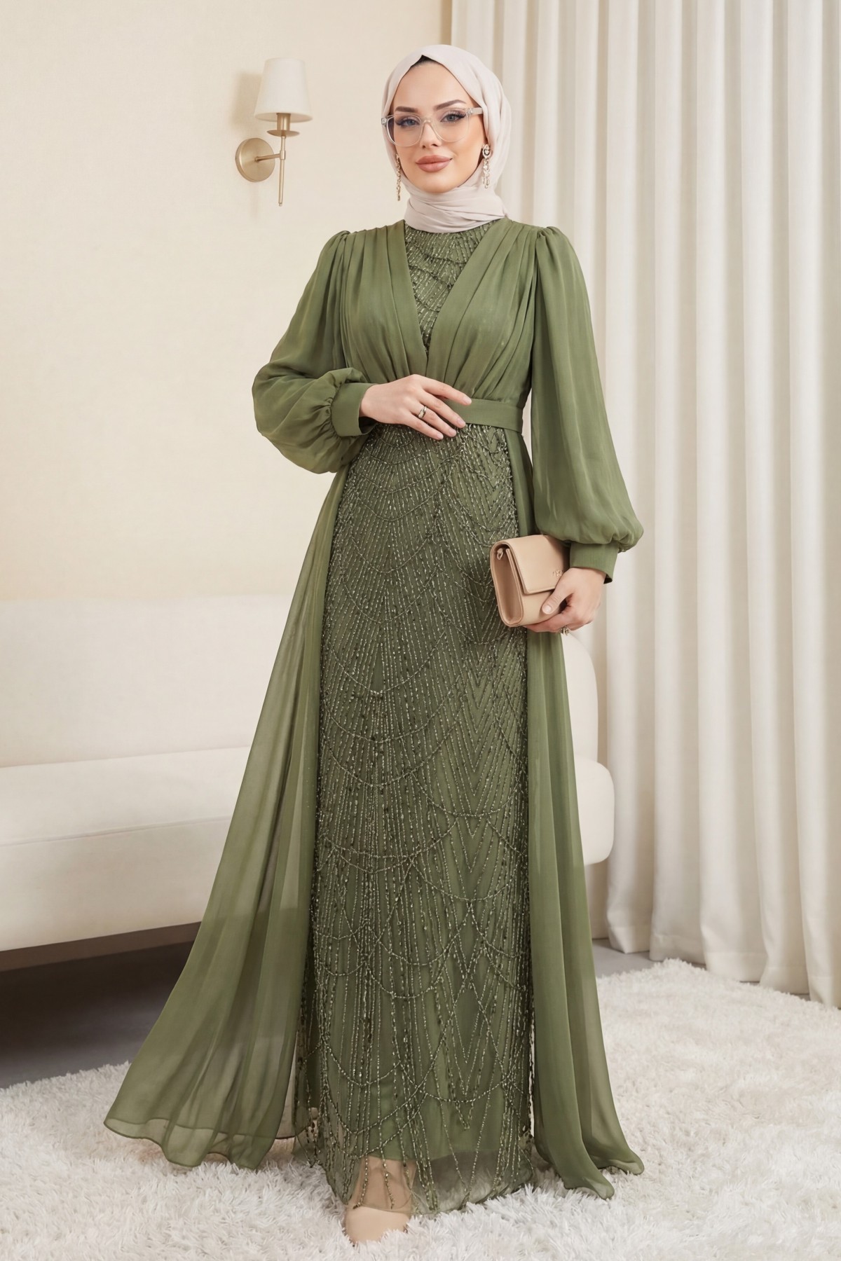 Beaded and Sequined Belted Chiffon Evening Dress -Khaki