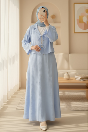 Kruvaze Yaka Çift Bağcıklı Etekli Takım -Bebe Mavi