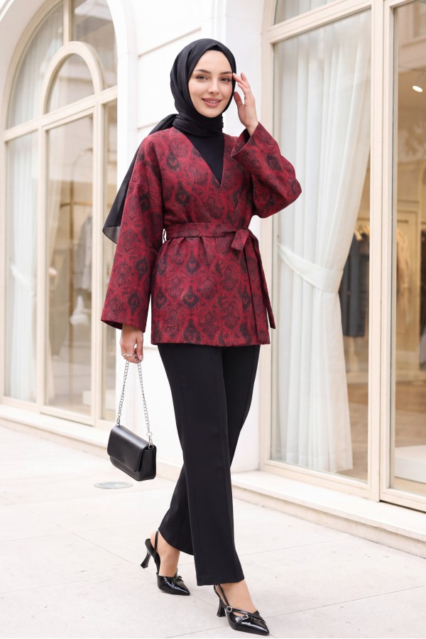 Dijital Baskılı Beli Kemerli Kapitone Kimono -Kırmızı