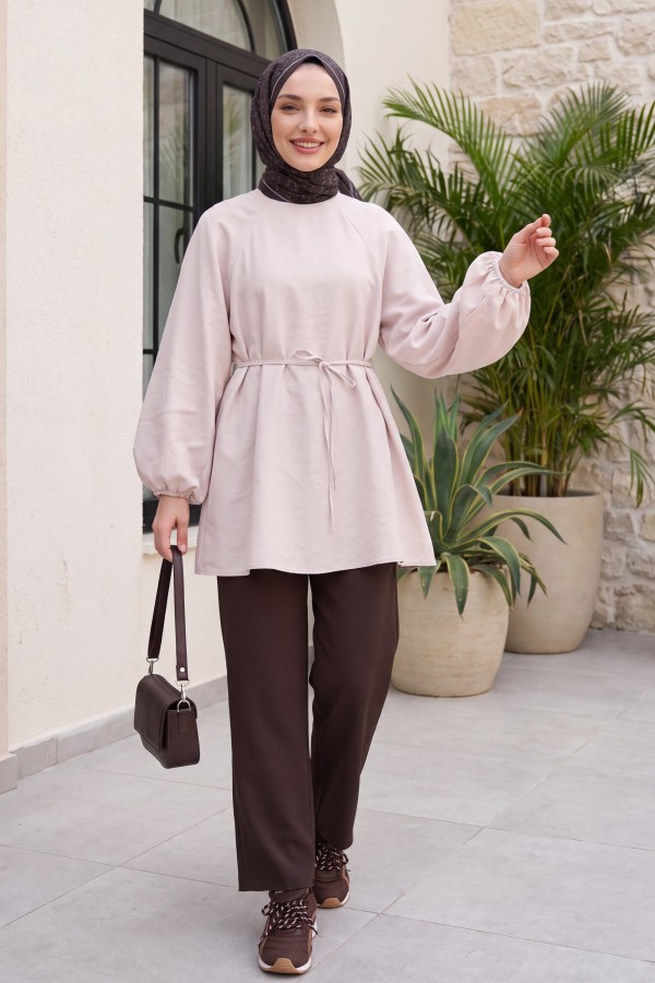 Round Neck Tied Waist Balloon Sleeve Tunic  -Stone