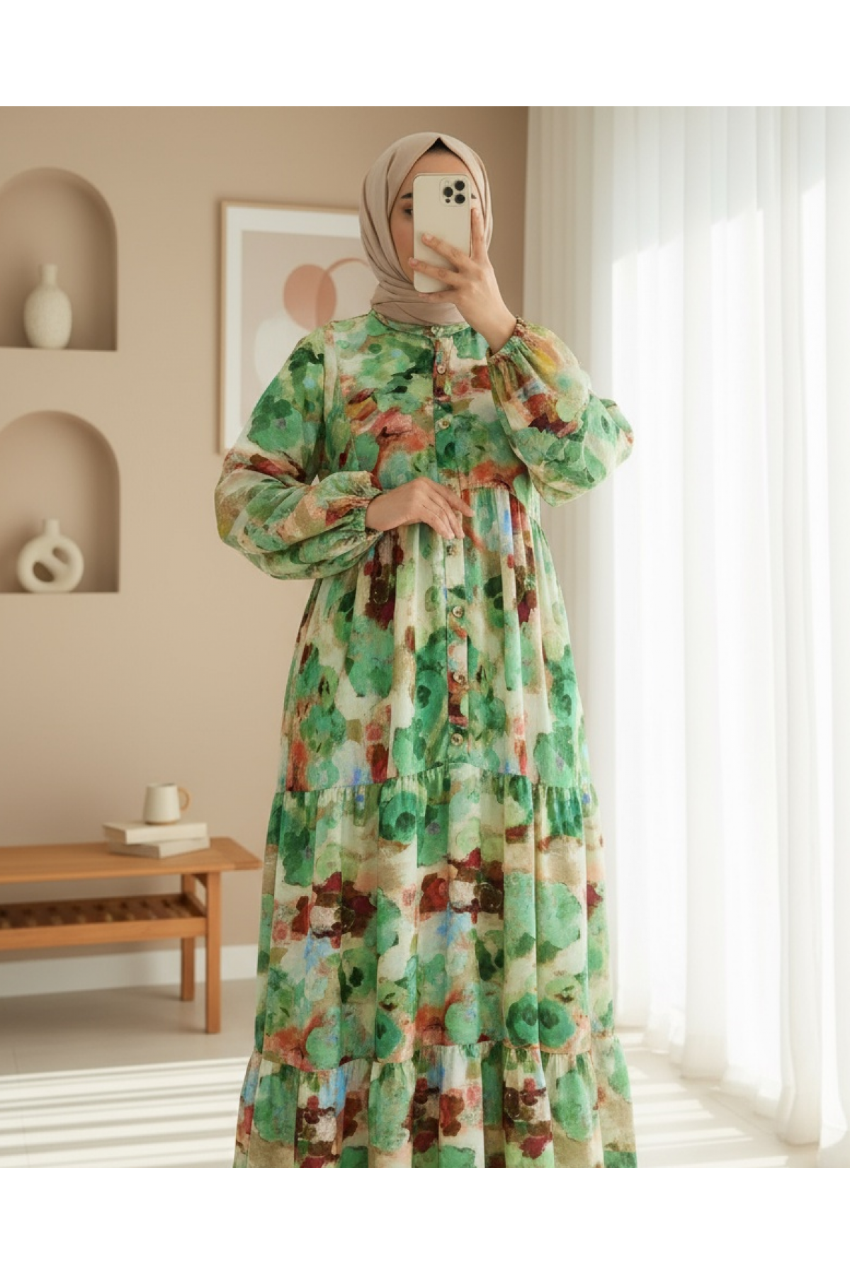 Mixed Pattern Half Buttoned Elastic Sleeve Dress -Green