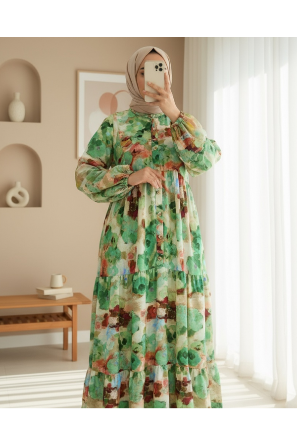 Mixed Pattern Half Buttoned Elastic Sleeve Dress -Green