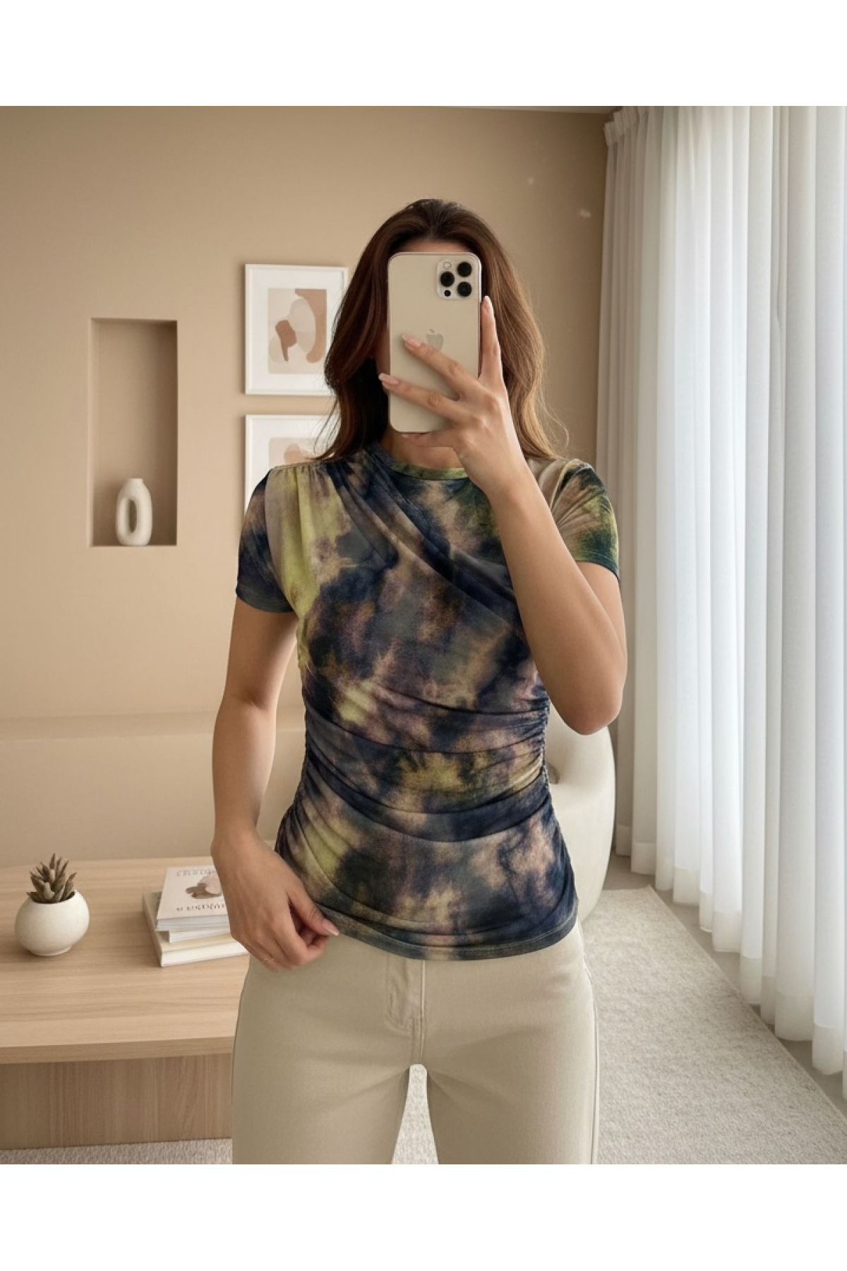 Waist Shoulder Gathered Batik Print Sendy Blouse   -Green