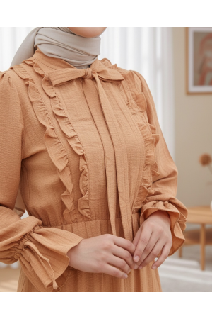 Frilly Front Sleeve And Lace Collar Dress -Cinnamon