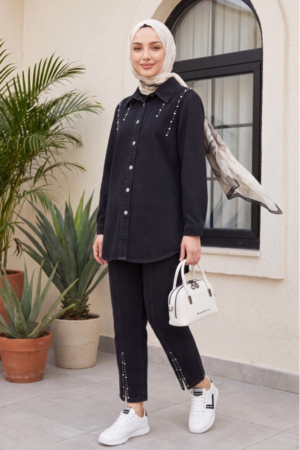 Double Denim Suit with Slits and Stone Detail  -Black