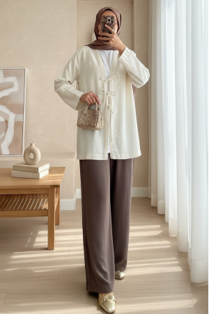 Önü Üç Bağcıklı Keten Kimono -Bej