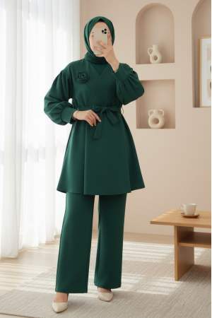 Çapraz Yaka Gül Detaylı Kemerli İkili Takım  -Zümrüt