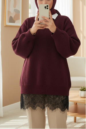 Knitted Sweater with Lace Detail on the Skirt -Maroon
