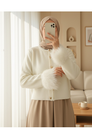 كارديجان محبوك على شكل قلب بأكمام مزينة بشراشيب -أبيض سكري