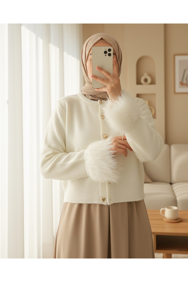 Heart-shaped Knitted Cardigan with Fringed Sleeves -Ecru