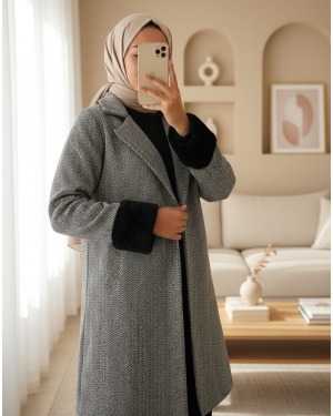 9085 Kadın Oversize Kaşe Kaban - D. Siyah