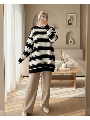 Thick Striped Loose Knitwear Tunic -Black